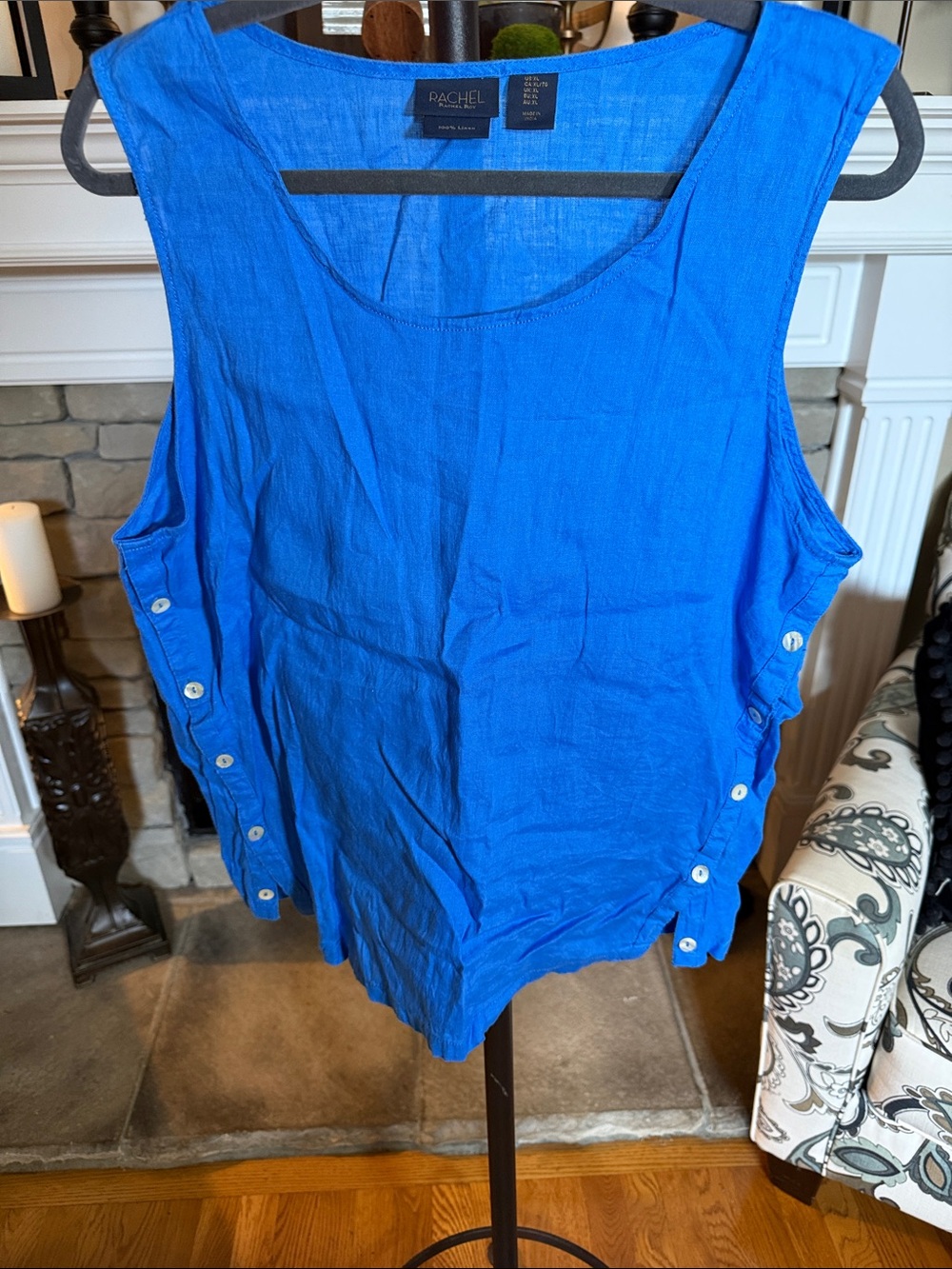 Rachel Bright Blue Sleeveless Linen Tank with Side Button Detail